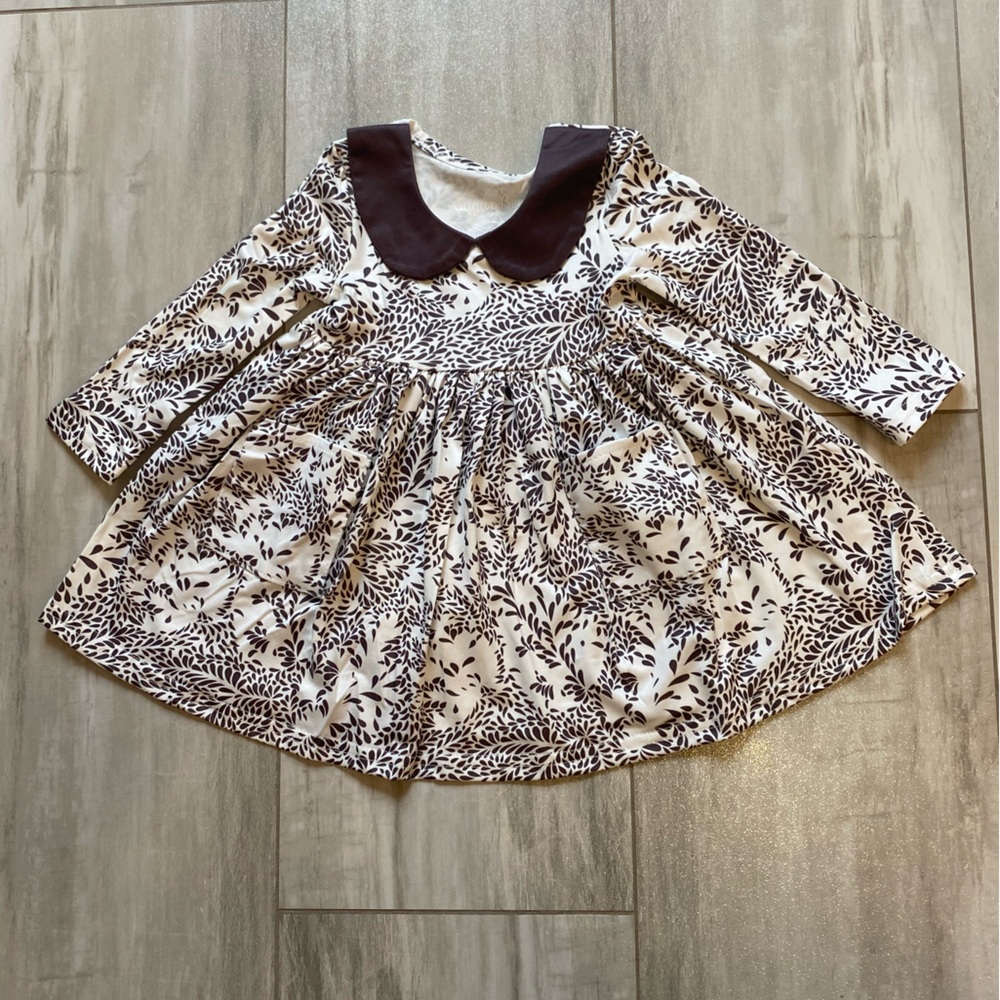 NWOT Sugar Bee Neutral Expresso Brown and White Claire Long Sleeve Dress, 12M